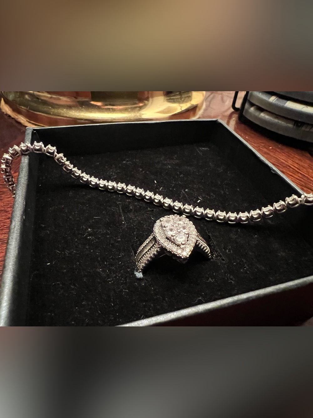 Sterling Silver Pear Halo Zirconia Ring 8  with Tennis Sparkles diamond bracelet